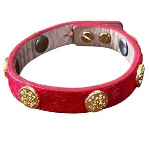 Rustic Cuff Single Wrap Leather Logo Bracelet Red Animal Hair Gold